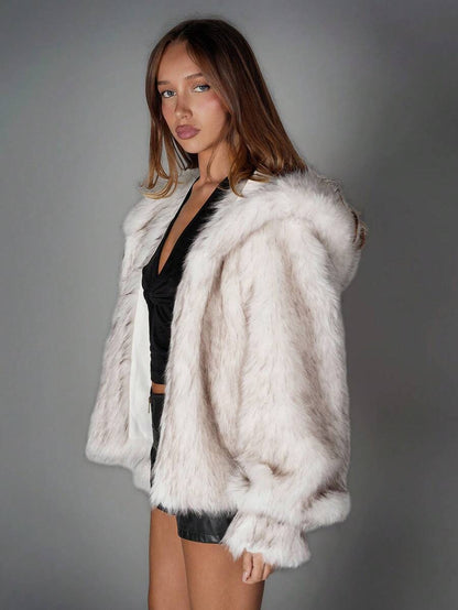 Hooded Faux Fur Jacket – Women's Oversized Winter Coat – White Teddy Fur