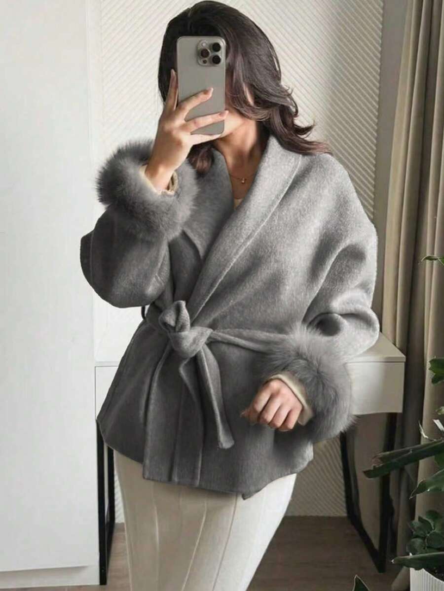 Women Faux Fur Wrap Coat  – Elegant Oversized Winter Jacket