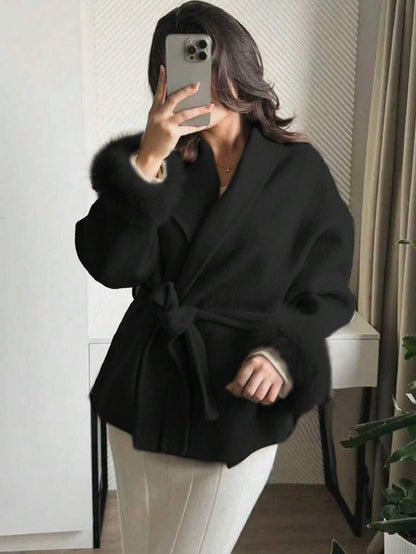 Women Faux Fur Wrap Coat  – Elegant Oversized Winter Jacket