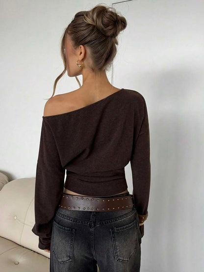 Asymmetrical Knit Long Sleeve Top – Stretch – Casual Autumn Sweater