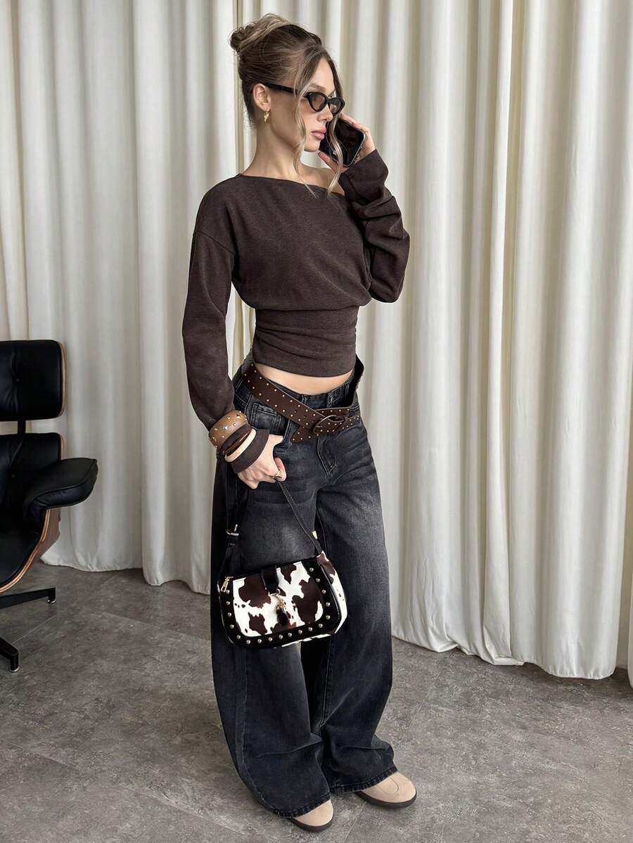 Asymmetrical Knit Long Sleeve Top – Stretch – Casual Autumn Sweater