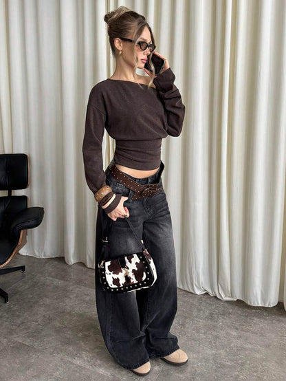 Asymmetrical Knit Long Sleeve Top – Stretch – Casual Autumn Sweater