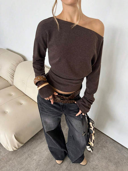 Asymmetrical Knit Long Sleeve Top – Stretch – Casual Autumn Sweater