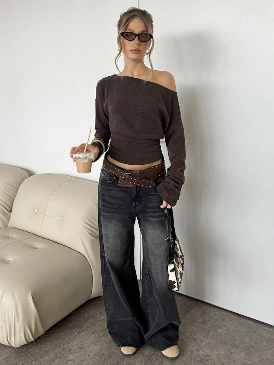 Asymmetrical Knit Long Sleeve Top – Stretch – Casual Autumn Sweater