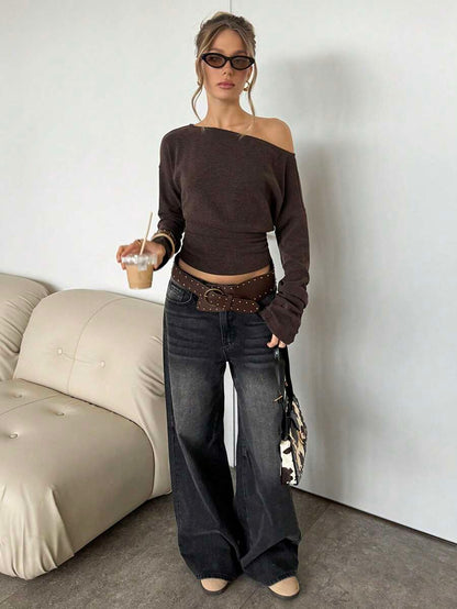 Asymmetrical Knit Long Sleeve Top – Stretch – Casual Autumn Sweater