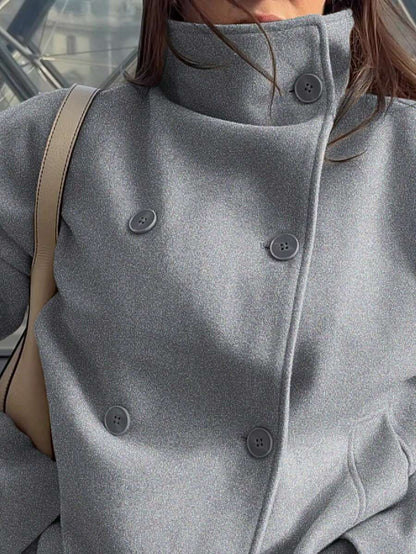 Women Double Breasted Coat Black – Funnel Neck Oversized Jacket – Casual Winter Style