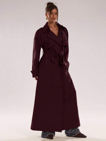 Women Long Trench Coat Coffee Brown – Double Breasted – Loose Fit Office Style