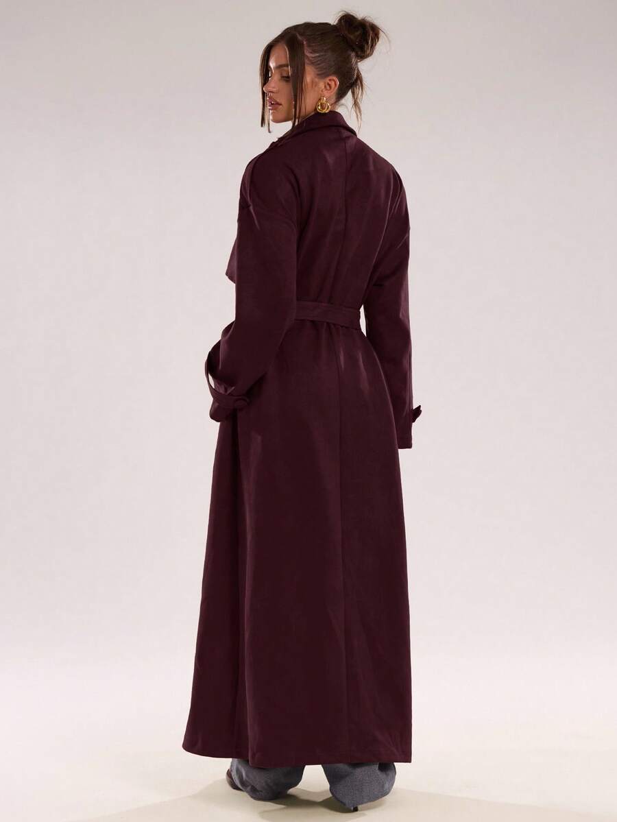 Women Long Trench Coat Coffee Brown – Double Breasted – Loose Fit Office Style