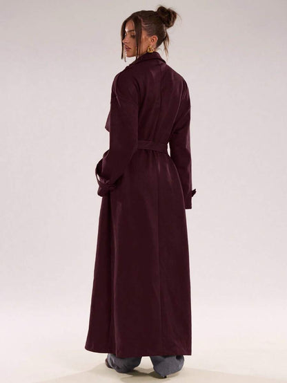 Women Long Trench Coat Coffee Brown – Double Breasted – Loose Fit Office Style