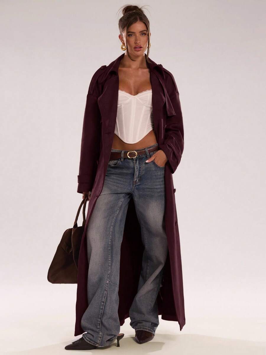 Women Long Trench Coat Coffee Brown – Double Breasted – Loose Fit Office Style