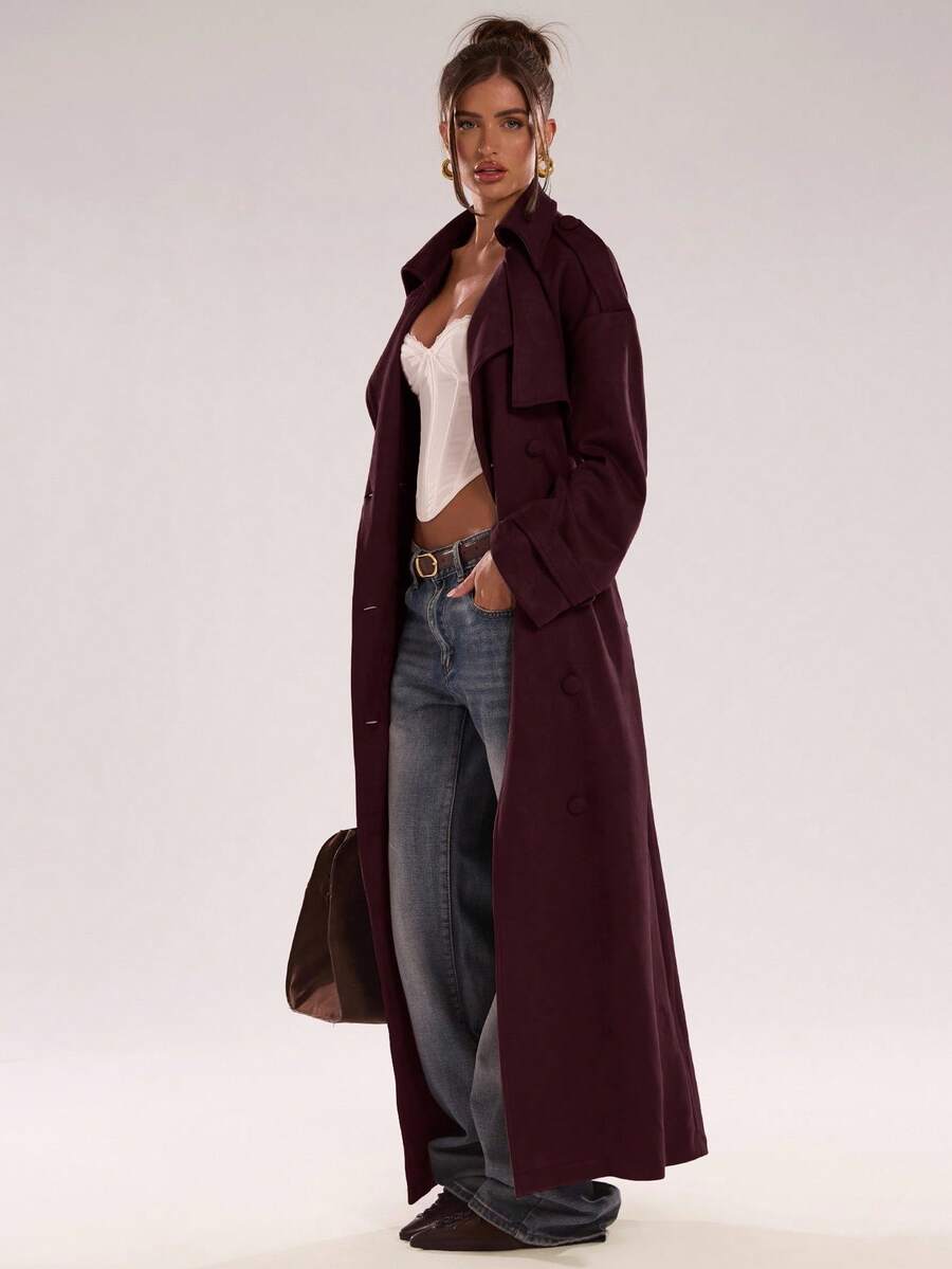 Women Long Trench Coat Coffee Brown – Double Breasted – Loose Fit Office Style