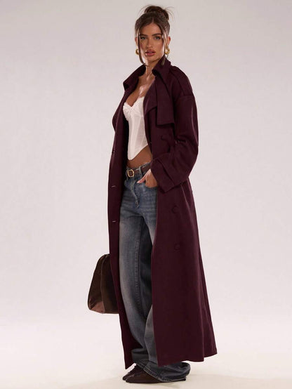 Women Long Trench Coat Coffee Brown – Double Breasted – Loose Fit Office Style