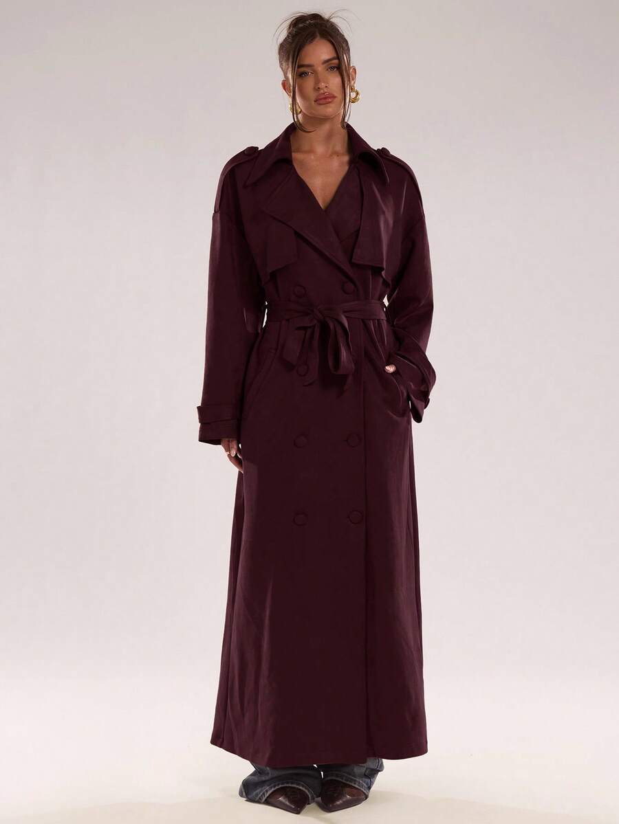 Women Long Trench Coat Coffee Brown – Double Breasted – Loose Fit Office Style