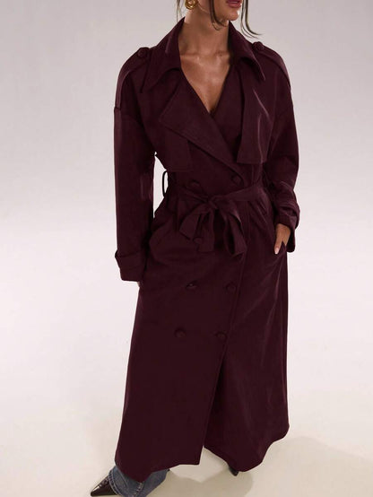 Women Long Trench Coat Coffee Brown – Double Breasted – Loose Fit Office Style