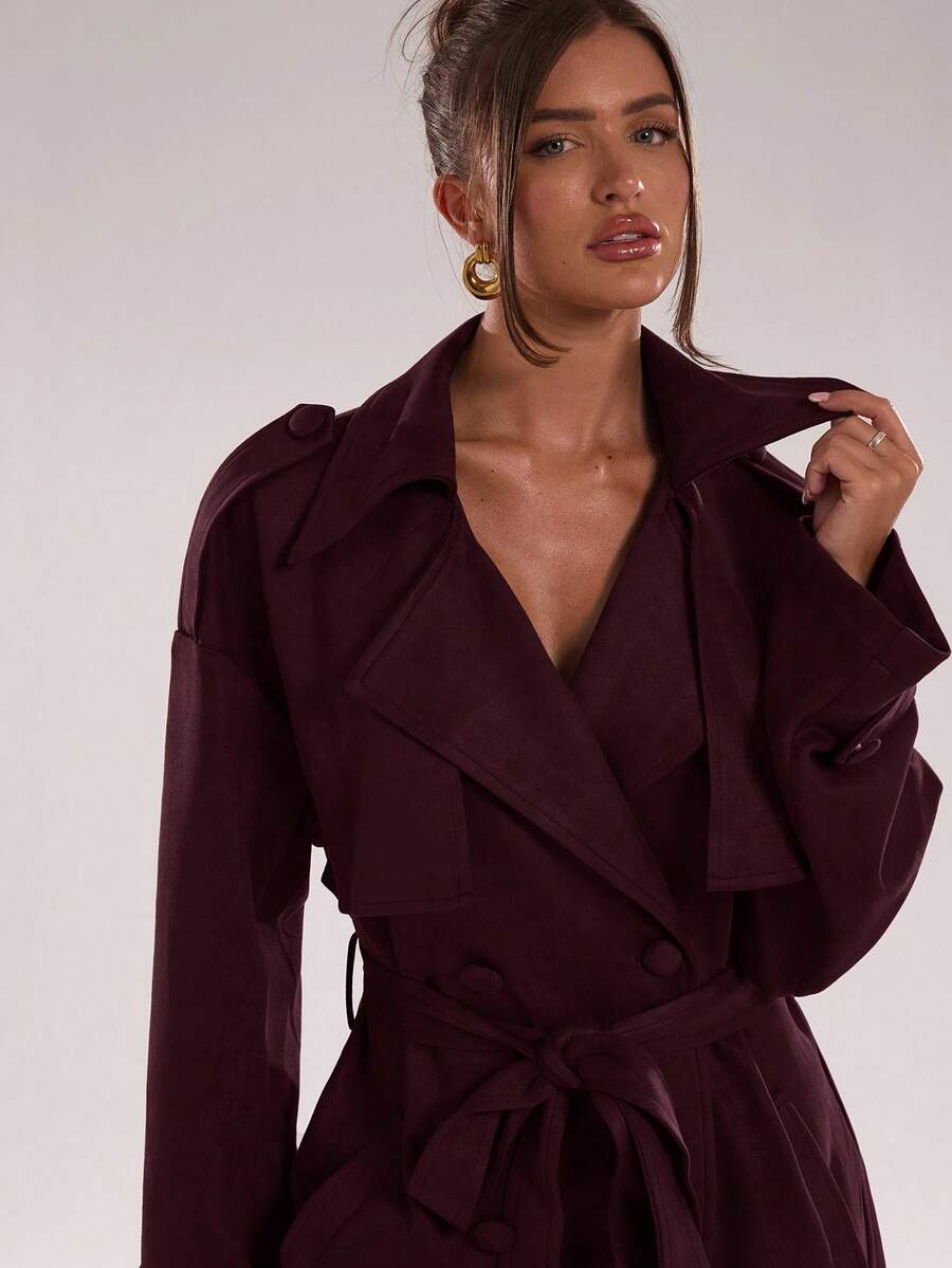 Women Long Trench Coat Coffee Brown – Double Breasted – Loose Fit Office Style