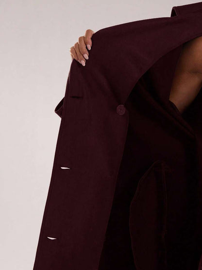 Women Long Trench Coat Coffee Brown – Double Breasted – Loose Fit Office Style