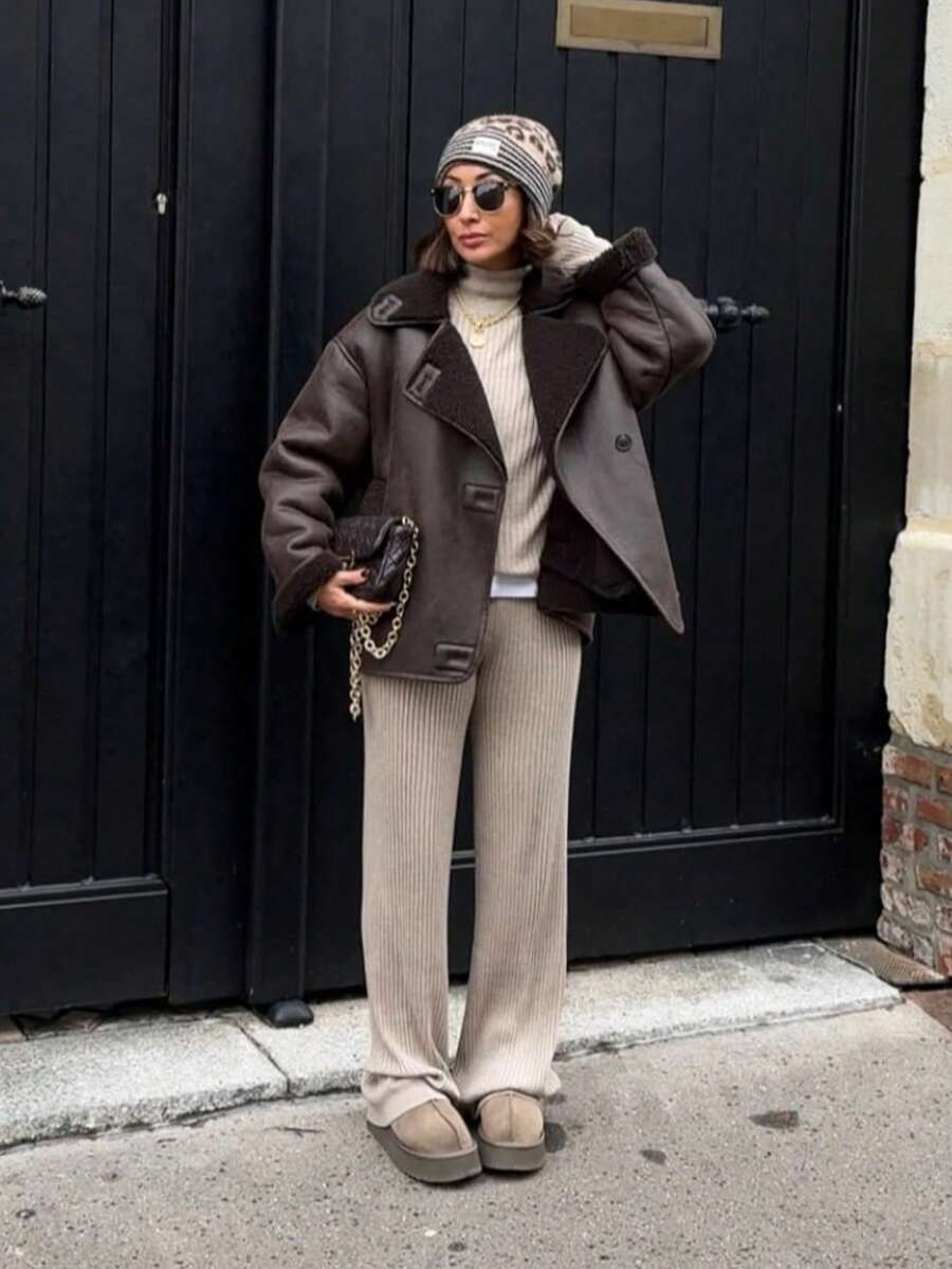 Women Faux Fur Lined Winter Jacket – Coffee Brown – Loose Fit Casual Coat