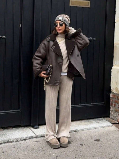 Women Faux Fur Lined Winter Jacket – Coffee Brown – Loose Fit Casual Coat