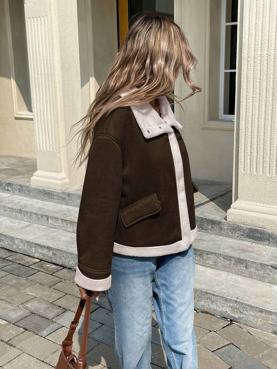 Women Winter Jacket Apricot – Thermal Lined Coat – Loose Fit Funnel Neck Casual
