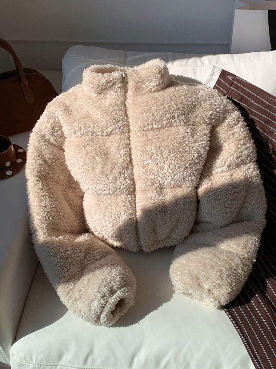 Faux Shearling Cropped Puffer Jacket – Beige – Winter Coat