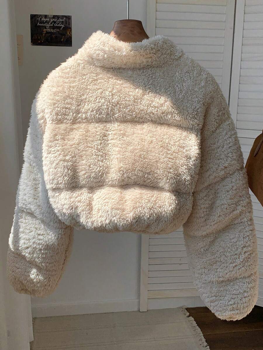 Faux Shearling Cropped Puffer Jacket – Beige – Winter Coat