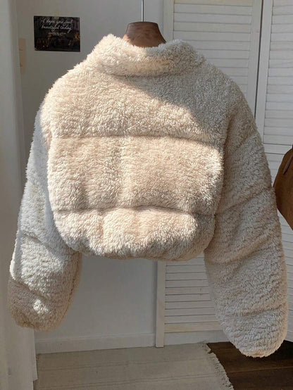 Faux Shearling Cropped Puffer Jacket – Beige – Winter Coat