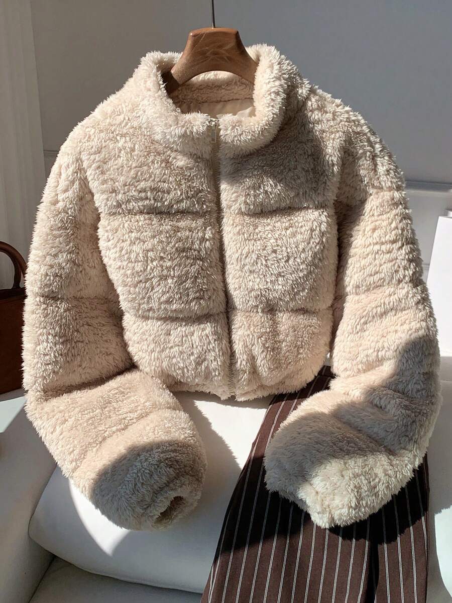 Faux Shearling Cropped Puffer Jacket – Beige – Winter Coat