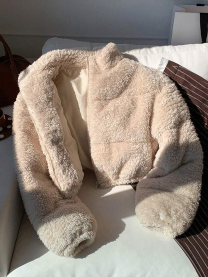 Faux Shearling Cropped Puffer Jacket – Beige – Winter Coat