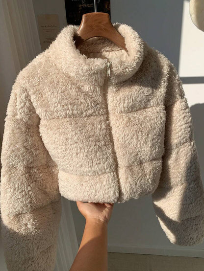 Faux Shearling Cropped Puffer Jacket – Beige – Winter Coat