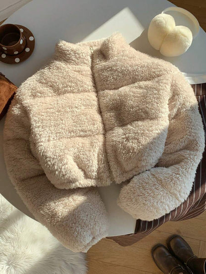 Faux Shearling Cropped Puffer Jacket – Beige – Winter Coat