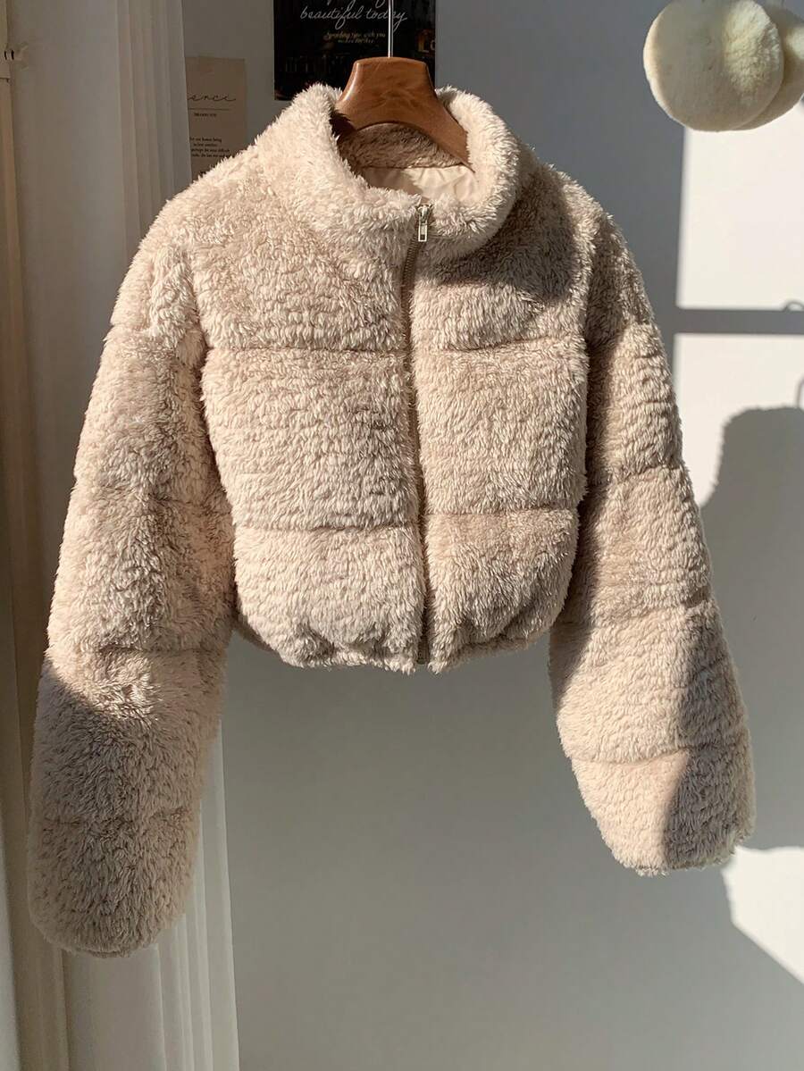 Faux Shearling Cropped Puffer Jacket – Beige – Winter Coat