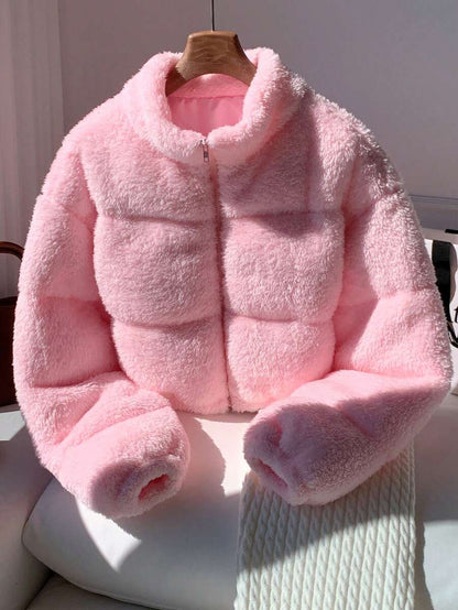 Faux Shearling Cropped Puffer Jacket – Beige – Winter Coat