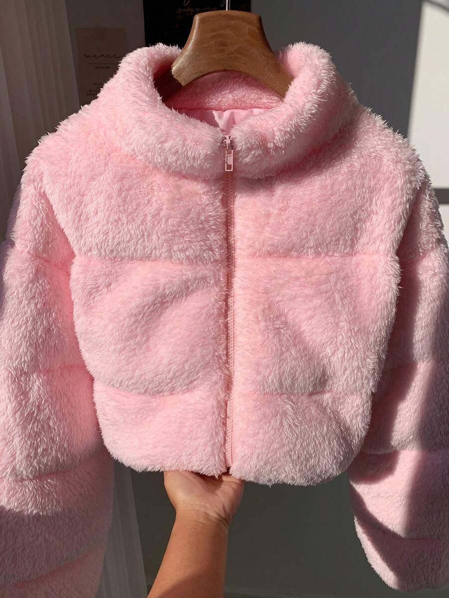 Faux Shearling Cropped Puffer Jacket – Beige – Winter Coat