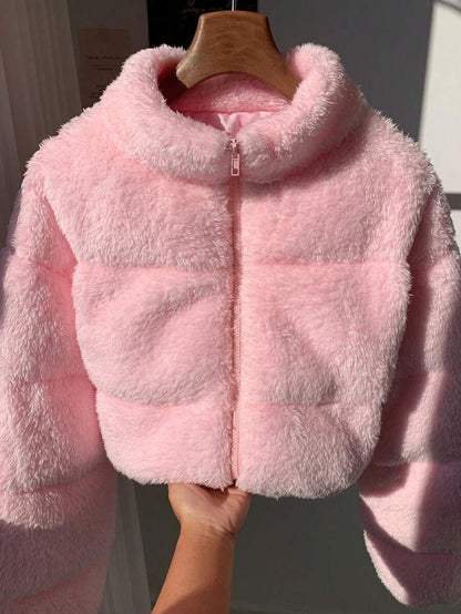 Faux Shearling Cropped Puffer Jacket – Beige – Winter Coat