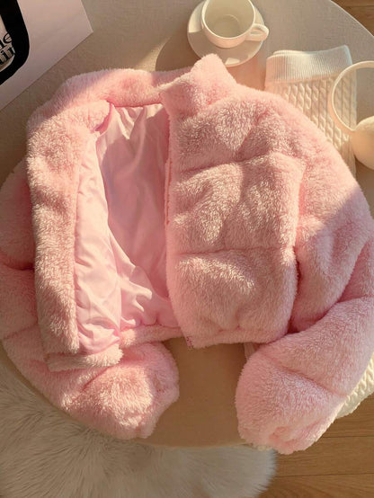 Faux Shearling Cropped Puffer Jacket – Beige – Winter Coat