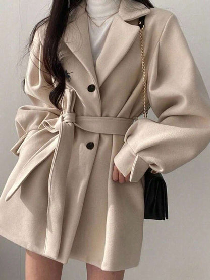 Double Breasted Belted Tweed Jacket – Elegant Long Coat