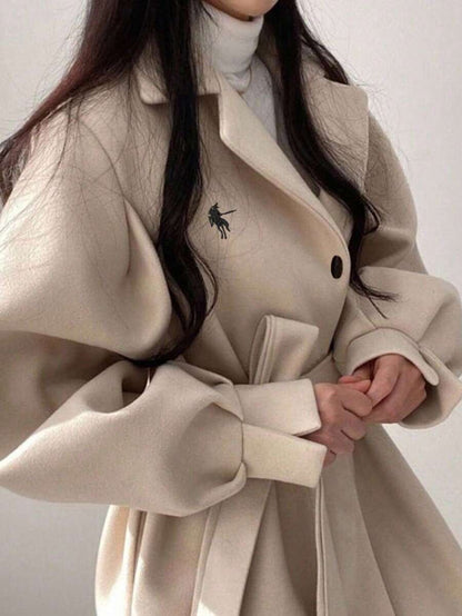 Double Breasted Belted Tweed Jacket – Elegant Long Coat