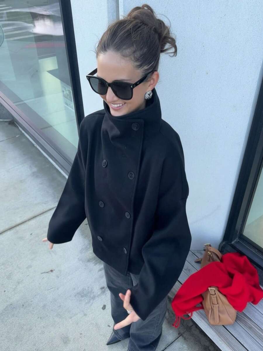 Women Double Breasted Coat Black – Funnel Neck Oversized Jacket – Casual Winter Style