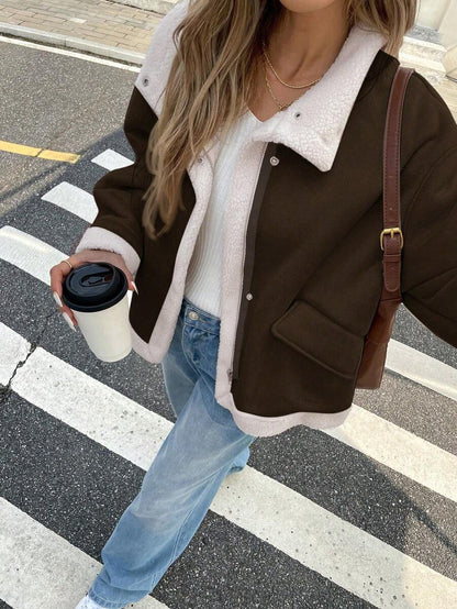 Women Winter Jacket Apricot – Thermal Lined Coat – Loose Fit Funnel Neck Casual