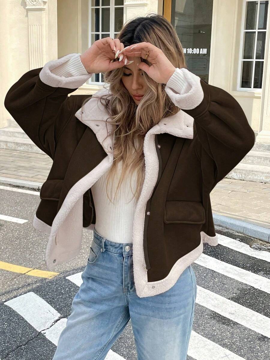Women Winter Jacket Apricot – Thermal Lined Coat – Loose Fit Funnel Neck Casual