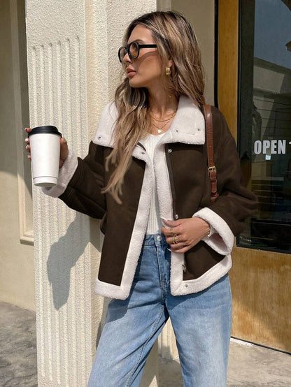 Women Winter Jacket Apricot – Thermal Lined Coat – Loose Fit Funnel Neck Casual