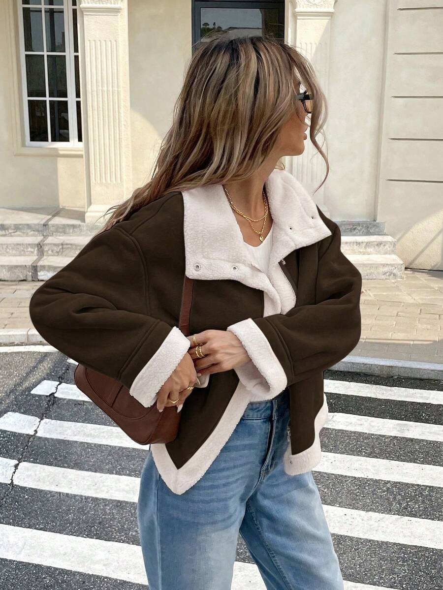 Women Winter Jacket Apricot – Thermal Lined Coat – Loose Fit Funnel Neck Casual