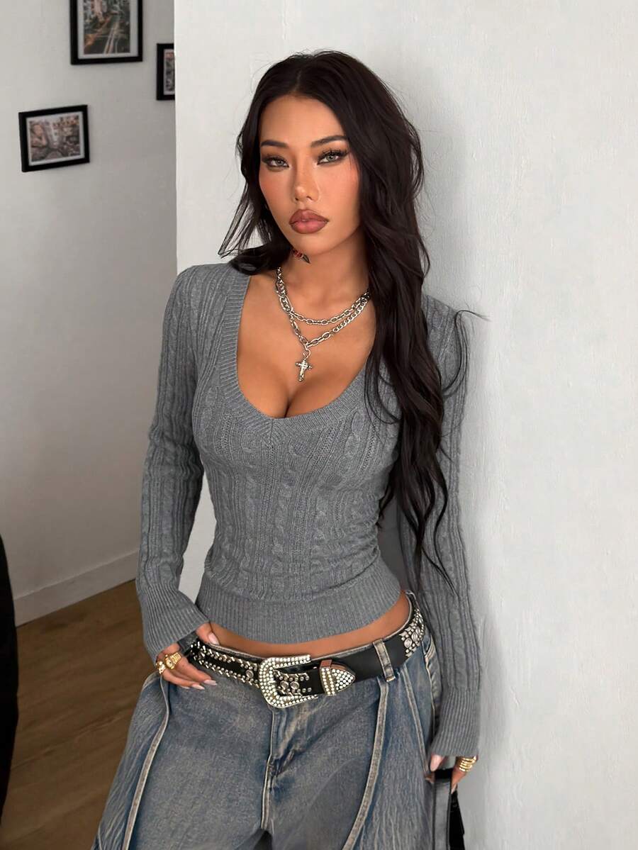 Vintage Ribbed Scoop Neck Sweater – Autumn / Winter – Y2K Knit Pullover