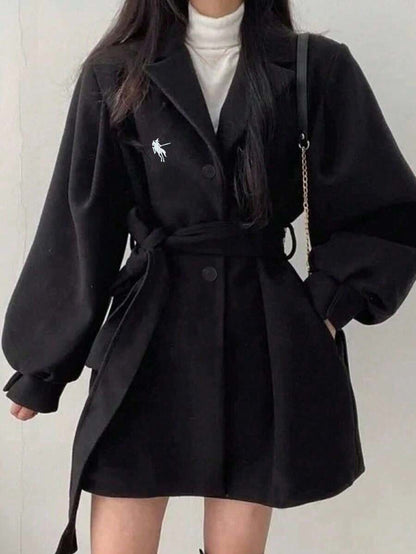 Double Breasted Belted Tweed Jacket – Elegant Long Coat