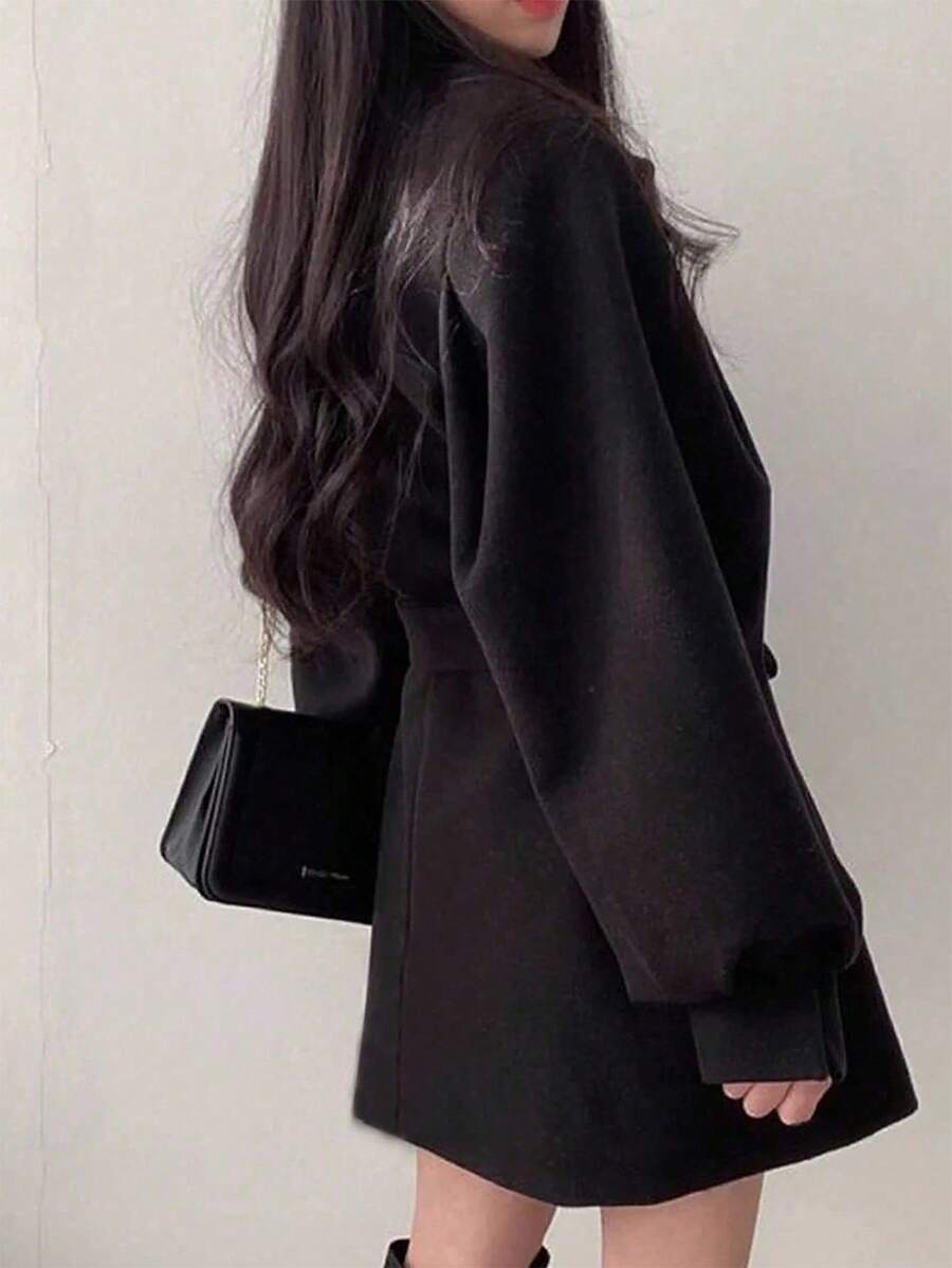 Double Breasted Belted Tweed Jacket – Elegant Long Coat