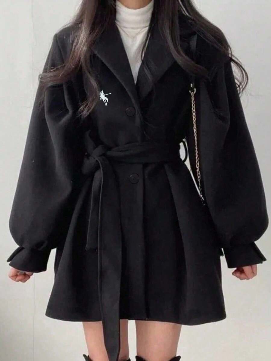 Double Breasted Belted Tweed Jacket – Elegant Long Coat