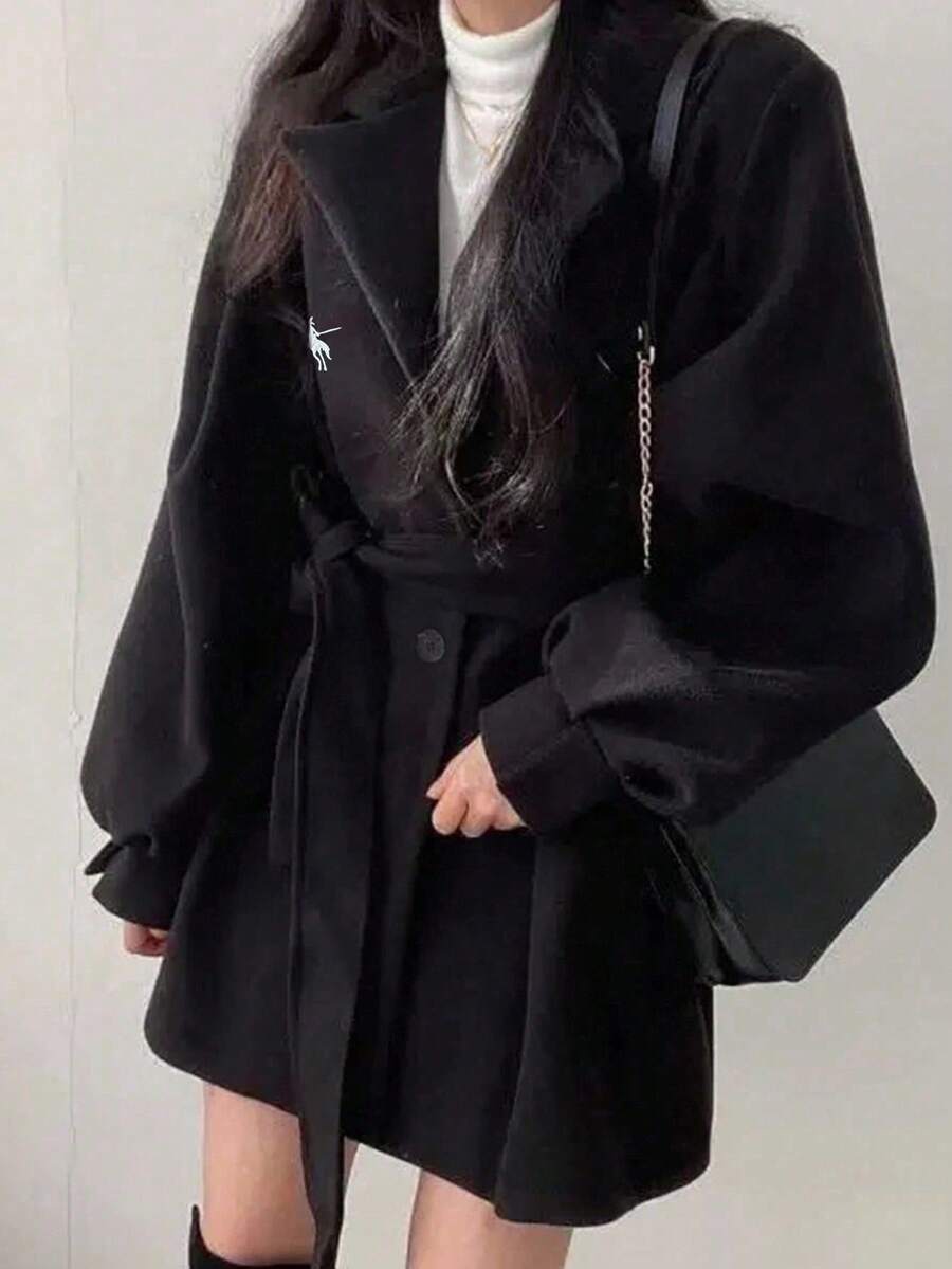 Double Breasted Belted Tweed Jacket – Elegant Long Coat