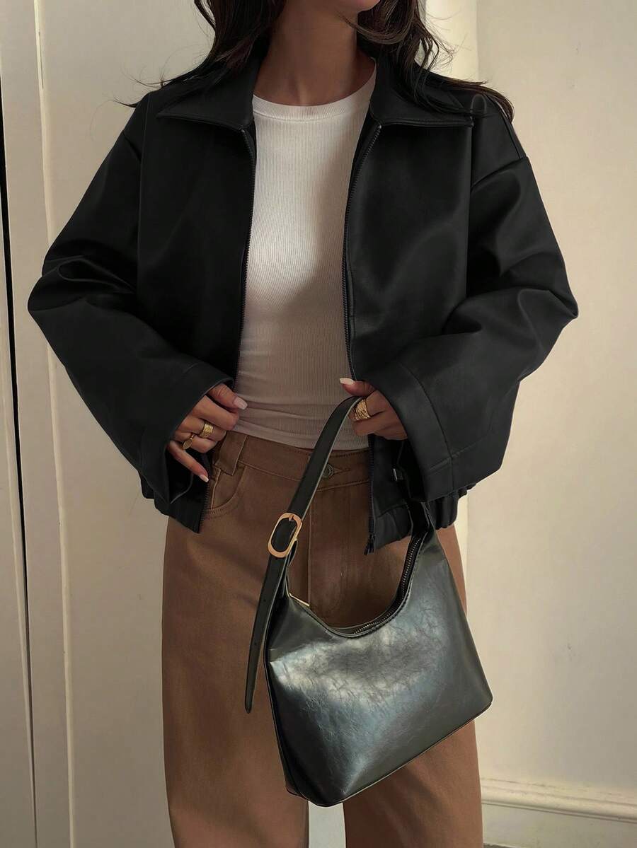 Oversized Faux Leather Jacket – Women – Casual Autumn Winter Coat