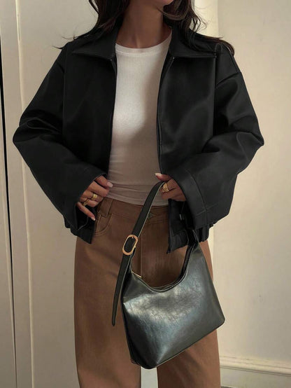 Oversized Faux Leather Jacket – Women – Casual Autumn Winter Coat