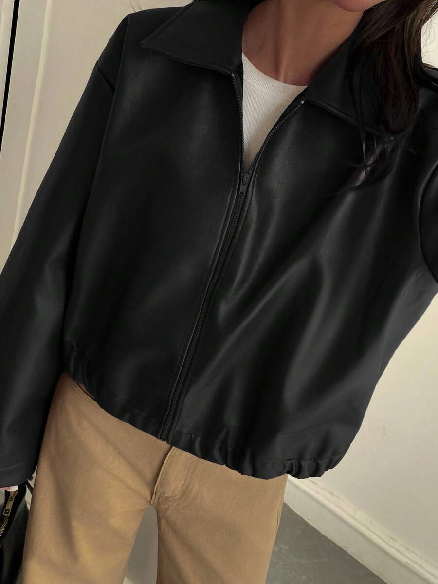Oversized Faux Leather Jacket – Women – Casual Autumn Winter Coat